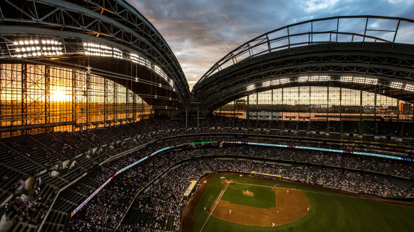 American Family Field with roof open, sunset