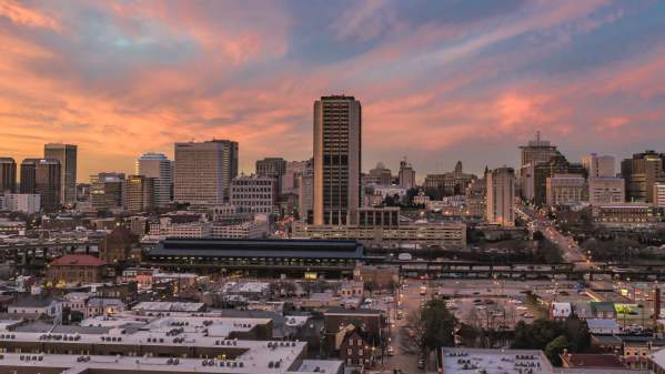 Downtown skyline at sunset