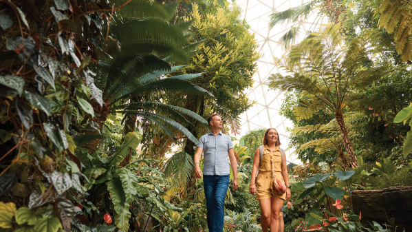 Two adults walk along a lush indoor garden path beneath a glass-domed ceiling, surrounded by tall palms, ferns and tropical plants inside a conservatory.