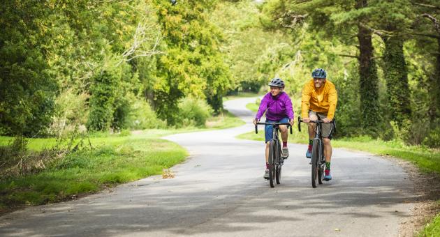 Two people cycling through a forest on a path