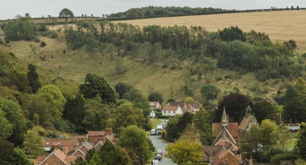A view of Thixendale village and surrounding fields from a higher position.