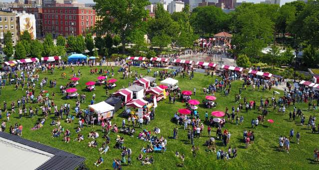 Image is an arial shot of the Asian Food Fest at Washington Park.