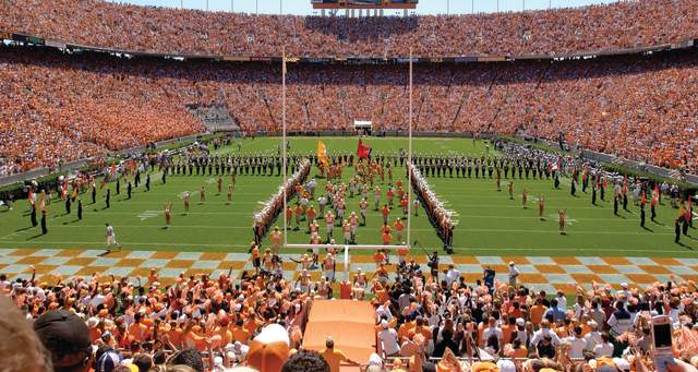 Band and flag twirlers during a University of Tennessee football game