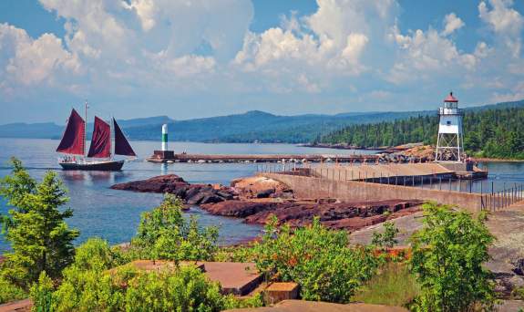 Grand Marais Harbor 2 lighthouses and Hjordis sailboat