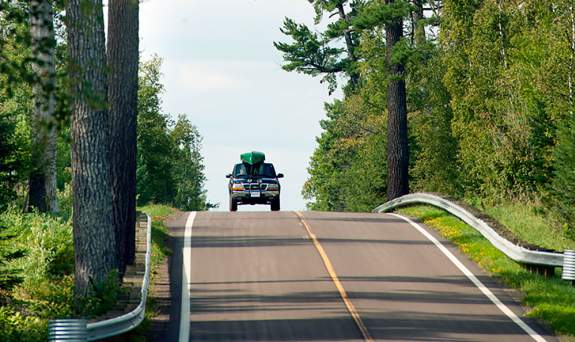 Scenic Drives Summer Gunflint Trail MN Outdoor Elbow Lake turn off with canoe  truck
