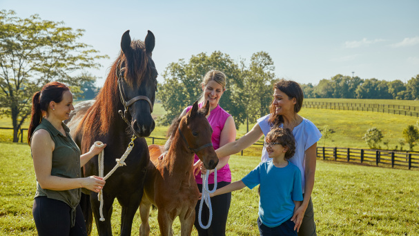 A group of people with two Saddlebred horses at Kismet Farm, one of Shelby County's premier Saddlebred Horse Farms.