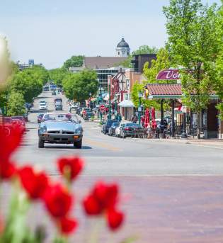 Classic car drives past tulips on Kirkwood in Bloomington