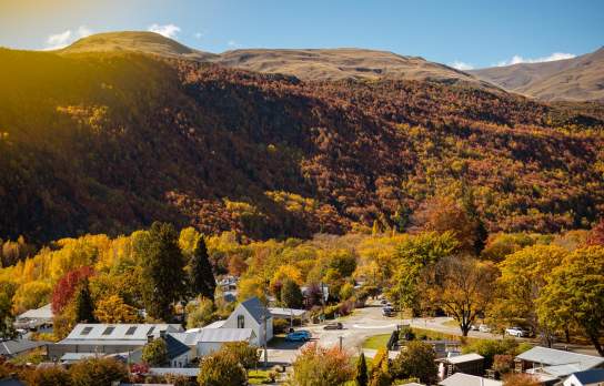 Aerial view of historic Arrowtown village in autumn