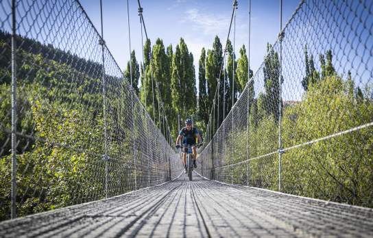 Person riding a bike across a bridge