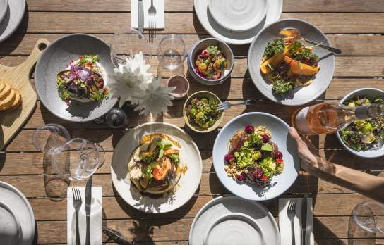 Top view of a selections of colourful lunch dishes