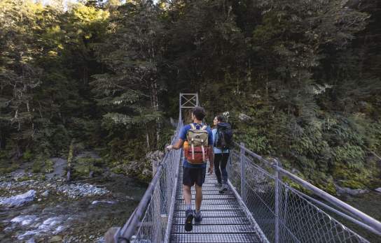 People crossing bridge into native bush at the start of the Routeburn Track
