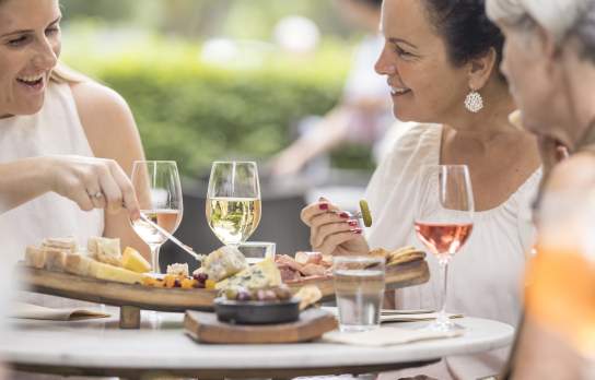 People enjoying wine and cheese platter.