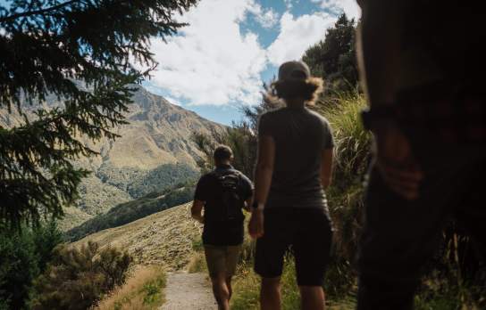 People walking on a nature track with mountains in the distance