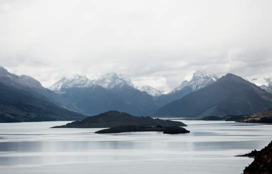 Lake and snow covered mountains from a scenic look out