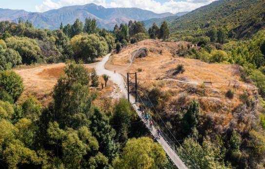 Overhead shot of bridge surrounded by lush green trees and mountains