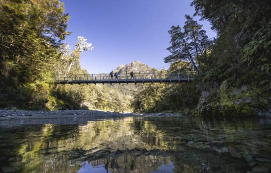 Ground of friends crossing a swing bridge on the Routeburn Track with a mountain in the background
