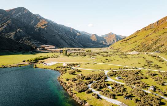 Aerial view over Moke Lake campground near Queenstown