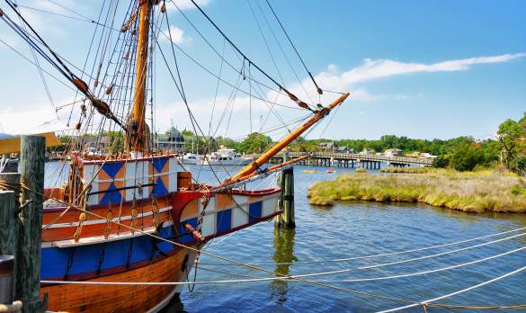 The Elizabeth II is a replica ship docked in Shallowbag Bay on Roanoke Island, North Carolina.