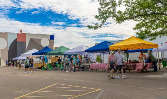 People shopping at booths in the Farm and Art market in Salina, Kansas