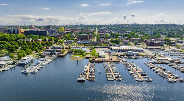 Burlington harbor with boats on a sunny day