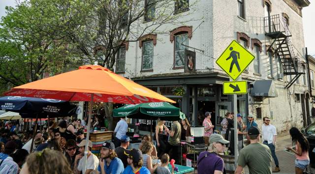 Crowded corner in downtown Winooski in the summer