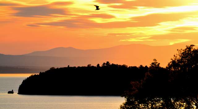 Aerial view over Lake Champlain and Rock Point