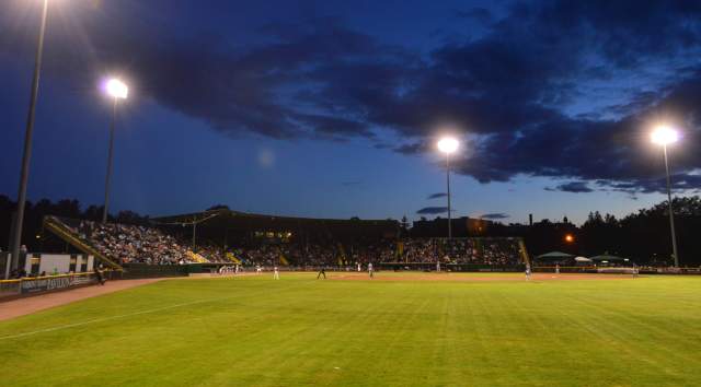 The Vermont Lake Mosnters baseball field under the lights