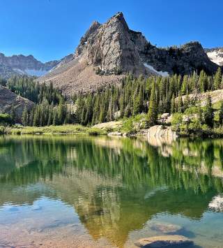 View of the mountain reflected in Lake Blanche