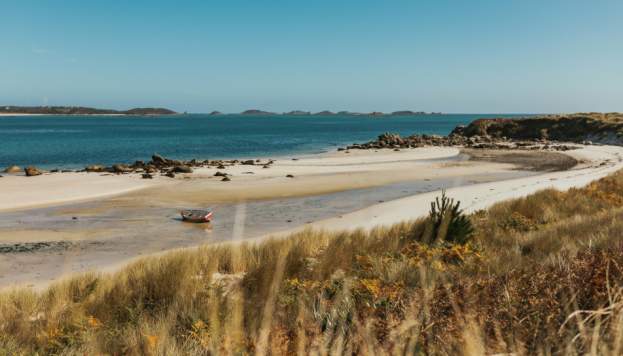 Boat on beach in autumn