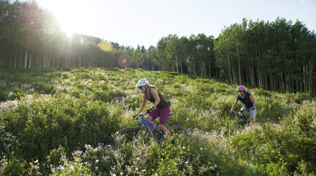 Two women mountain biking across a meadow with sunburst