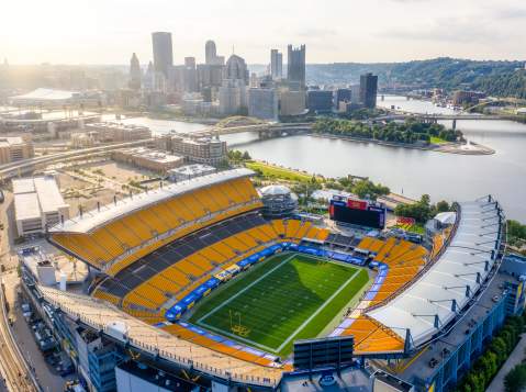Birds eye view of Acrisure Stadium in Pittsburgh with the skyline in the background