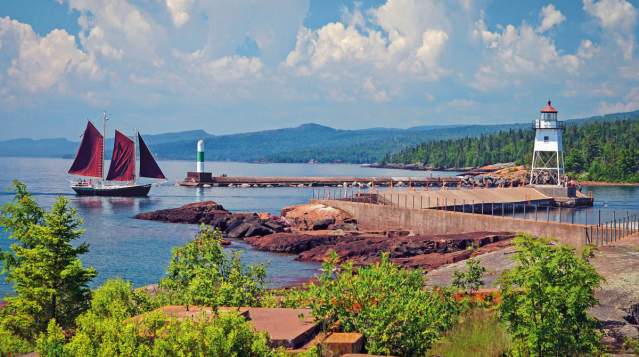 Grand Marais Harbor 2 lighthouses and Hjordis sailboat