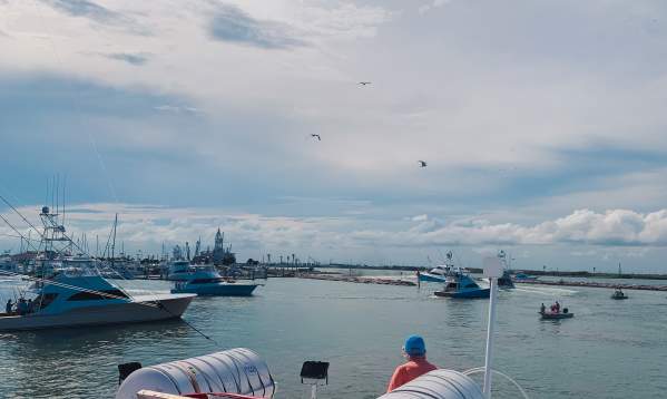 Large fishing boats leaving from a marina.