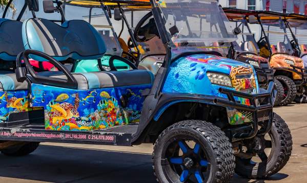 Photo of a golf cart with a wrap showing aquatic life and an underwater scene