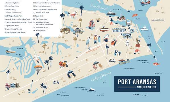 An illustrated map of Port Aransas in light blues and sand colors