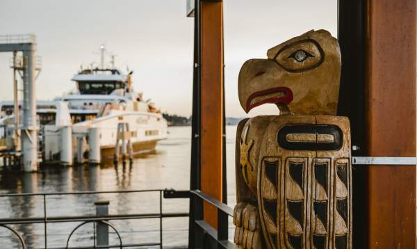 A view of a totem pole at the Westview Ferry Terminal.
