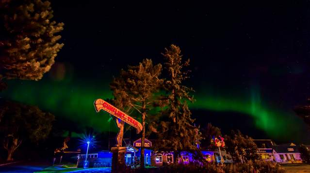 Grand Marais street with Northern Lights and Gunflint Trail sign
