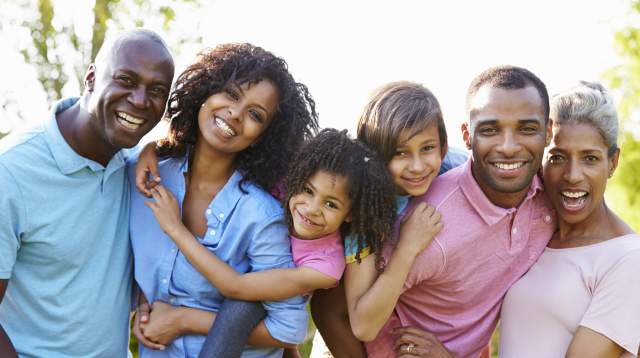 Family reunion, mom and dad with adult children and grandchildren