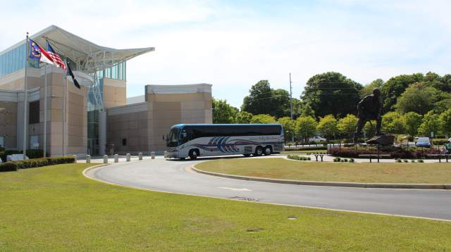 Motorcoach bus parked at Airborne and Special Operations Museum in Fayetteville NC