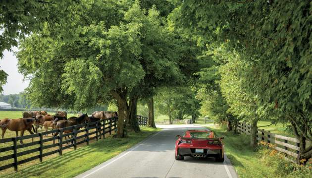 A card driving on Old Frankfurt Pike alongside a horse farm.