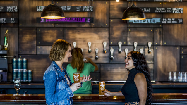 friends talking at bar with beer