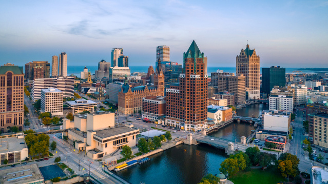 bird's eye view of Milwaukee river and skyline