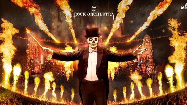 The Rock Orchestra | Arena on Fire image depicting a skeleton in a tuxedo conducting an orchestral performance while surrounded by fire