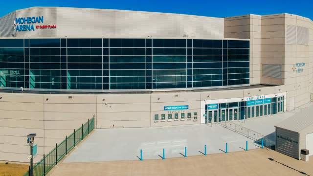Aerial of the NBT Bank Box Office and East Gate entrance of the Mohegan Arena at Casey Plaza