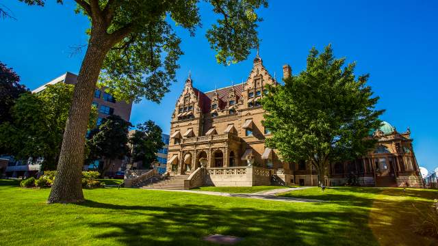 outside of the Pabst Mansion museum on a sunny day