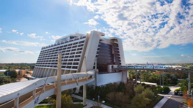 Disney's Contemporary Resort hotel exterior with monorail