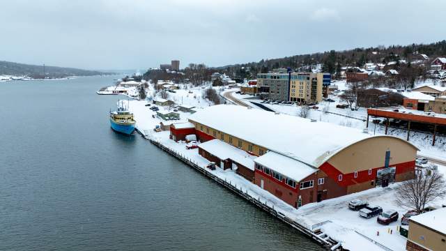 winter aerial of a hockey arena