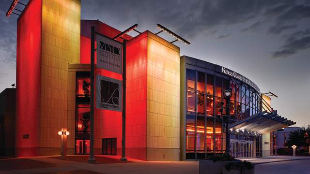 Exterior of the Marcus Performing Arts Center at night