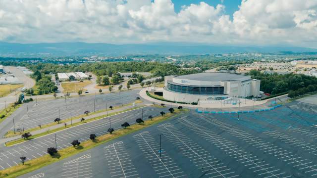 Aerial image of the Mohegan Arena at Casey Plaza; cloudy skies above Wilkes-Barre Township, PA