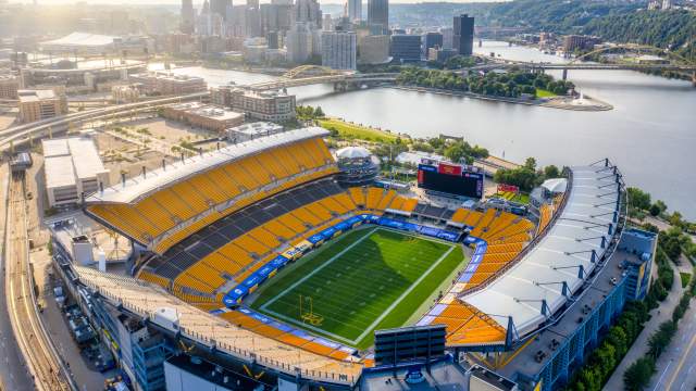 Birds eye view of Acrisure Stadium in Pittsburgh with the skyline in the background